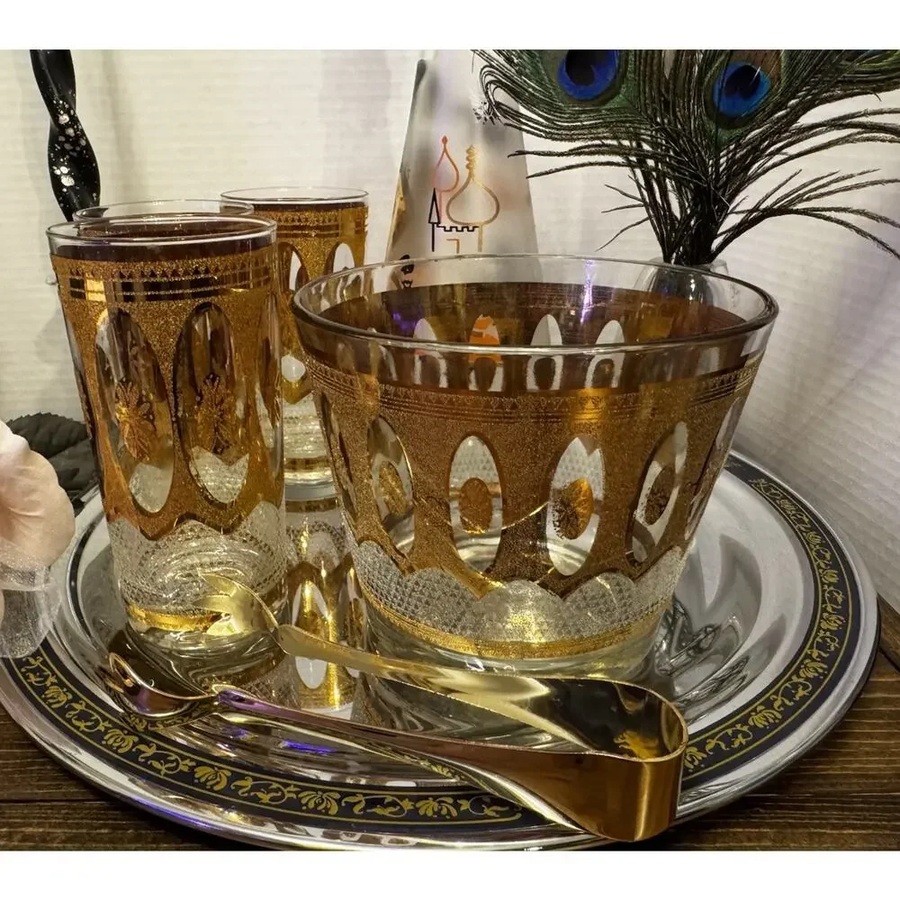 Vintage Gold MCM Libby Bar Set | 3 Glasses | Ice Bucket | Atomic Era | Mad Men